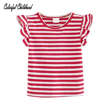 Poletje dekleta majica rdeče/modro beli trak mornar slog princesa dekleta bluzo ruffles čipke otroci vrhovi malčke dekliška oblačila
