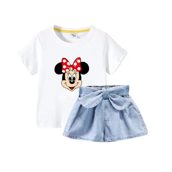 Poletje Moda Teen Dekleta Oblačila Minnie Mouse Majica&Traper Hlače Dva Kosa Iz Otročiči Obleke Srčkan Daisy Duck Obleko