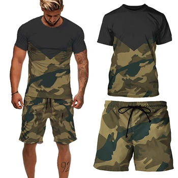 Poletne Moške Priložnostne 2pcs Nastavite Natisnjeni Prikrivanje Vojske Zelena Kratek Rokav T-shirt Hlače Hlače Trenirka Komplet