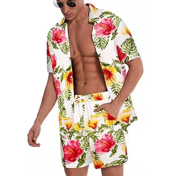 Poletne Obleke, Moške, 2 Delni Set Havajih Hlače Rokavi Določa Cvjetnim Tiskanja Plaža Obrabe, Moda Lahka Dihati Svež Mens Oblačila