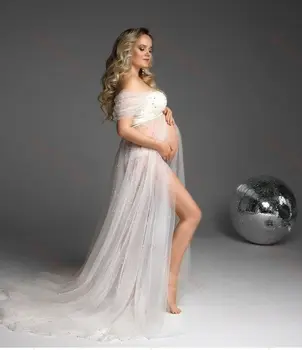 Porodniški Obleko spredaj Odprti za Photoshoot Tila z Biseri Off-the-ramo Čipke Nazaj