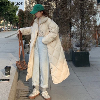 Pozimi Dolgo Slog Parkas Ženske Windproof Mid-tele Tople Ravne Argyle Preprosto Osnovno korejski Vrhnja oblačila Modni Dodatki Coats Eleganca