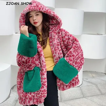 Pozimi Toplo hooded Kontrast barve Leopard Specializiranimi za umetno Krzno Plašč Nove Priložnostne Dolgimi rokavi Ženske Kotlovec Suknjič Svoboden Outwear