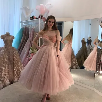 Princess Pink Prom Obleke Sequins Off Rami Obleko Ljubica Bowknot Žogo Obleke Kristalno Obleko Žensk Til Obleko Midi Obleko