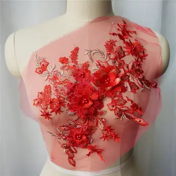 Rdeče Čipke Tkanina 3D Cvet Kroglice Nosorogovo Vezene Poročni Obleki Appliques Ovratnikom, Očesa Sew Obliž Za Obleko DIY Dekoracijo