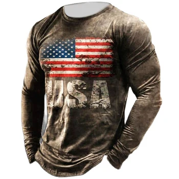 Retro Ameriško Zastavo 3D Tiskanih Dolgimi Rokavi Moški T-majice Jesen Pomlad Svoboden Priložnostne Modni Vse-Ujemanje O-Vrat Dolg Rokav Vrhovi 4