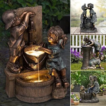 Retro Otroci Obliko Vrt Dekor Vodnjak Figur Fant Dekle Kiparstvo Kopel Tlaka Vode Na Prostem Smolo Kip Vrt, Dvorišče Ornament 1