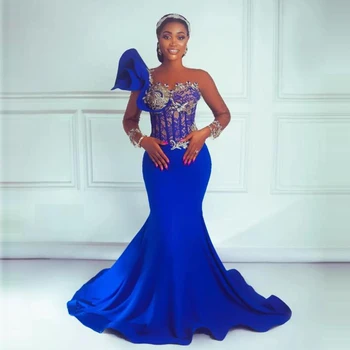 Royal Modra Morska Deklica Prom Obleke Čiste Vratu Čipke Kroglice Iluzijo Dolge Rokave Večernih Oblek Za Afriške Ženske Aso Ebi Stranka Obleko