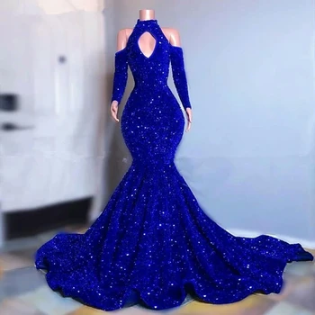 Royal Modre Bleščice morska deklica Prom Obleke, Elegantne Dolge Rokave Večerno obleko 2022 Off Ramo Plus Velikost Ženske Formalno Stranko