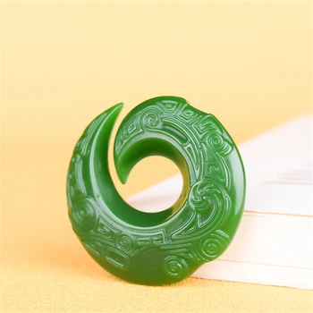 Rune Naravnih Green Jade Ogrlico, Obesek, Kitajski Dvostranski Vklesan Čar Nakit Modni Amulet za Moške, Ženske Srečen Darila