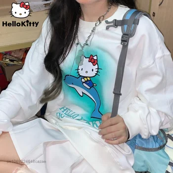 Sanrio Hello Kitty Kawaii Tiskanja Bombaž Pulover Y2k Preobsežne Slog Plišastih Topel Zimski Pulover S Kapuco Novi Korejski Svoboden, Nanos Na Vrh Za Ženske