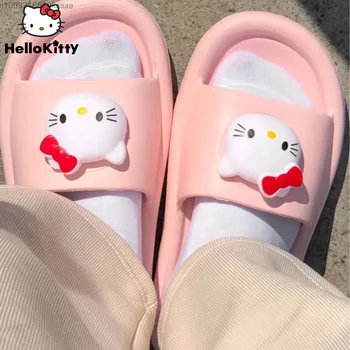 Sanrio Hello Kitty Mehko Roza Copate Kawaii Ravno Čevlji Y2k Poletne Sandale Anti Slip Lahki Zunaj Natikači Ženske Flip Flop