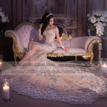 Savdska Arabija Luksuzni Sparkly Bling Beaded Poročne Obleke Čisto Iluzijo Šampanjce Til Visoko Vratu Morska Deklica Dolge Poročne Obleke 2021