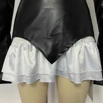 seksi bodycon obleka ženske obleke PU usnje letnik puff rokav visoko pasu ruffles naguban mini obleka čipke vestidos retro 5