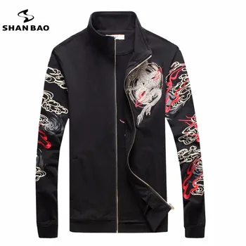 SHAN BAO blagovne znamke osebnost ovratnikom, zadrgo suknjič priljubljen Kitajski veter zmaj vzorec tiskanje, vezenje moška bela črna jakna