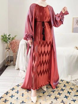 Sijoče Eid Odprite Abaya Dubaj Muslimansko Obleko, Hidžab Puff Rokav Ramadana Abayas za Ženske, Islam Turčija tam kaftan Kimono Femme Musulmane 0