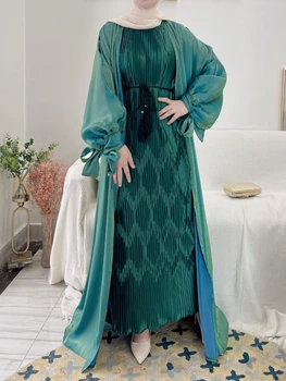 Sijoče Eid Odprite Abaya Dubaj Muslimansko Obleko, Hidžab Puff Rokav Ramadana Abayas za Ženske, Islam Turčija tam kaftan Kimono Femme Musulmane 1