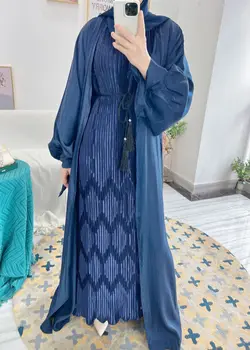 Sijoče Eid Odprite Abaya Dubaj Muslimansko Obleko, Hidžab Puff Rokav Ramadana Abayas za Ženske, Islam Turčija tam kaftan Kimono Femme Musulmane 3
