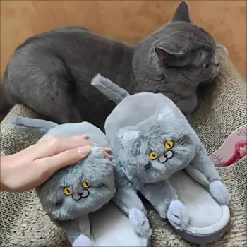 Smešno Sivo Objem Mačka Natikači Oblikovalec Par Čevljev Lep Kitty Krzna Strani Doma Puhasto Plišastih Mul Copate