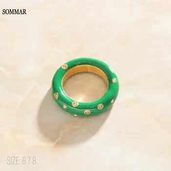 SOMMAR Visoke Kakovosti Zlato barvo, velikost 6 7 8 Punco poročni prstan zelena emajl cirkon Nakit na vratu Nakit za ženske