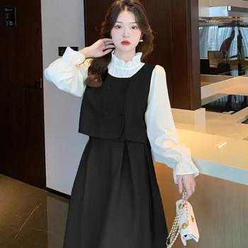 Spada ženska Oblačila francoski Ljubek Lady Mozaik Obleko korejski Elegantna Datum Obleke Ženska Kažejo, Slim Black Dolg Rokav Obleka