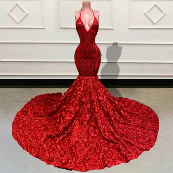 Sparkly Bleščica Rdeča morska deklica Dolgo Prom Obleke 2022 V Vratu Backless 3D Cvetje Vlak Črna Dekleta Formalno Večernih Oblek za Stranke 0