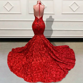 Sparkly Bleščica Rdeča morska deklica Dolgo Prom Obleke 2022 V Vratu Backless 3D Cvetje Vlak Črna Dekleta Formalno Večernih Oblek za Stranke 1