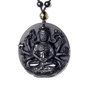 Srečen Obsidian Obesek Tisoč Strani Guanyin Kip Bude, Verske Amulet Nakit, Ogrlico, Obesek, ki je Primerna za Moške in Ženske