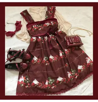 Sweet lolita trak dress vintage jagode bowknot srčkan tiskanje visoko pasu princesa viktorijanski obleko kawaii dekle gothic lolita