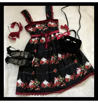 Sweet lolita trak dress vintage jagode bowknot srčkan tiskanje visoko pasu princesa viktorijanski obleko kawaii dekle gothic lolita 4