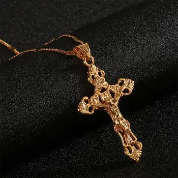 Trendy 24K Zlata Barva Katoliški Križ Jezusa Kristusa Križ Obesek Nakit Ogrlica