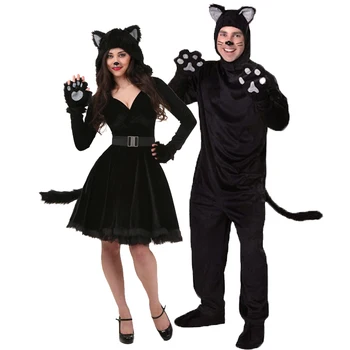 Unisex Starši-Otrok, Živali Black Cat Kostum Parada Maskota Jumpsuit Flanela Cosplay Karneval Halloween Fancy Stranka Obleko