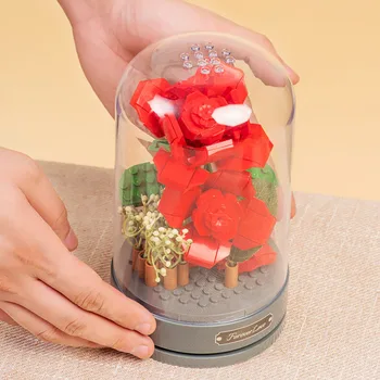 Ustvarjalno MOC Rose Nesmrtni Šopek rož Music Box Model gradniki Orhideja Doma Dekoracijo Opeke Igrače Za Otroke, Odrasle Darilo