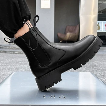 velik obseg mens moda chelsea škornji črni trend originalne usnjene čevlje visoko vrh kavboj platformo boot lep dolgo botas mans