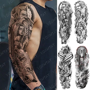 Velika Velikost Nepremočljiva Začasni Tattoo Nalepke Pištolo Rose Ura Zeus Poseidon Flash Tattoo Človek Roko Body Art Ponaredek Rokav Tatto Ženska