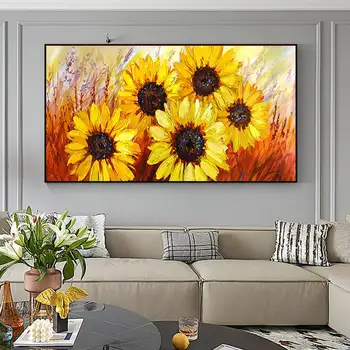 Veliko Cvetov Sončnic, Oljna Slika, Ročno Platno, Originalna Povzetek Rumeni Cvetni Krajine Akril Slike Moderne Stenske Umetnosti