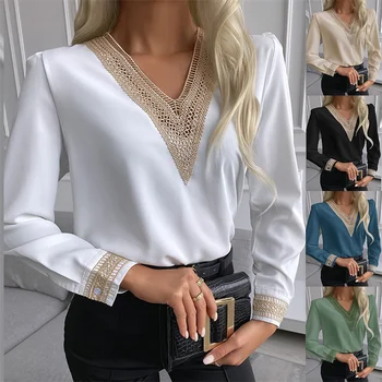 Vezenje Dolg Rokav Bele čipke Bluze za Ženske Vrhovi Poletje V-Vratu, Ohlapno Šifon Bluzo Majica Blusas Mujer De Moda 2022
