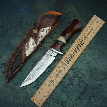 VG10 Damask Jekla Lovski Nož z Tulec za 3,9 palca Ročno Fiksno Rezilo Noži Palisander Ročaj na Prostem Preživetje Noži Orodja
