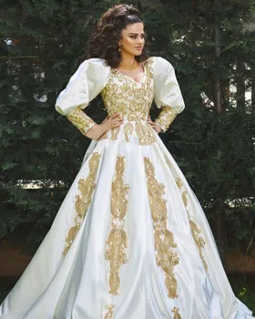 Vintage albanske Caftan Večerne Obleke z Dolgimi Rokavi zlato Aplicirano Beading Prom Oblačenja 2021 Abaya Dubaj Vestido De Fiesta De Boda