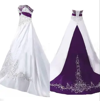 Vintage Bela in Vijolična Gothic Poročne Obleke Kmečki Državi Bohemain Vezenje Korzet Poroka Oblek Saten Plus Velikost Afriki