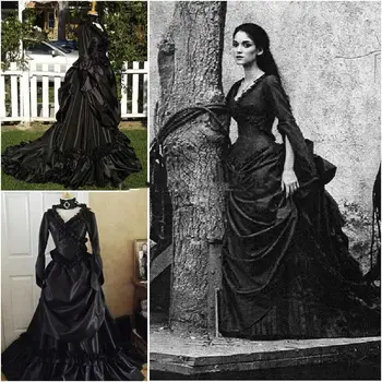 Vintage Victorian Poroka Obleke, Gothic Black Vrveža Ruched Državljanske Vojne Južni Belle Nevesta Obleko Vampir Dolge Rokave Vestido