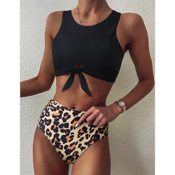 Visoko Pasu Leopard Bikini Kopalke Ženske Bikini 2021 Cvetlični Kopalke Tiskanja Visoko Vratu Bikini Push Up Kopalke Kača Kopalke