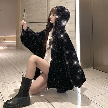 Vrhnja oblačila Sequins Moda Hooded Ženske Bombažno Jakno 2023 Pozimi Nova Velika Velikost Debele Svoboden korejskih Žensk Bombažno Jakno JK244 2