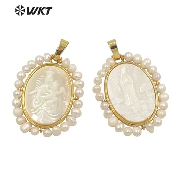 WT-JP264 Trgovini moda zlato ročno žice zaviti white pearl lupini Devica Marija obesek Krasen Verski Krščanski obesek