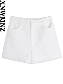 XNWMNZ 2022 ženske Modni Beli teksturirane hlače ženske letnik z pasu zank visoko-pas pohaban robom bermuda kratke hlače 0