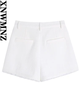 XNWMNZ 2022 ženske Modni Beli teksturirane hlače ženske letnik z pasu zank visoko-pas pohaban robom bermuda kratke hlače 1
