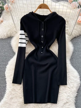 YuooMuoo Moda Y2K Priložnostne Hooded Vestidos Ženske obleke 2022 Jeseni Mlada Dama Črno Pleteni Pulover Obleko Ulične Opreme 1