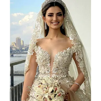 Šampanjec Sparkly Kristalno Appliques Backless Dubaj Arabski Žogo Obleke Poročno Obleko Off Ramo Beading Savdska Poročne Obleke 4