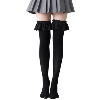Ženska Japonski Anime Stegno Visoke Nogavice Gothic Lolita Čipke Ruffles Trim Nogavice 3