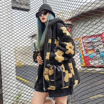 Ženska Črno Runo Majica Medvedek Hoodie Harajuku Vintage Oblačila 2021 Žensk Pomlad Jesen O Neck Majica Ulične